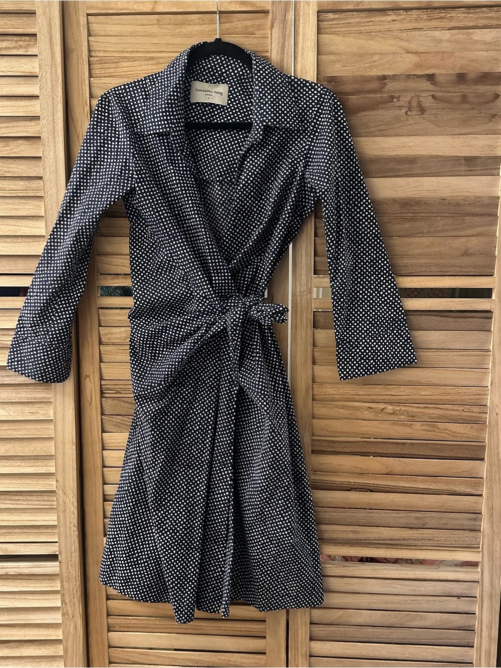 Samantha Sung Polka Dot Wrap Dress in black size 6